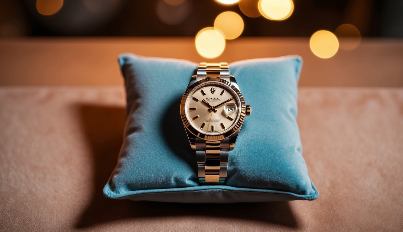 A luxurious Rolex watch displayed on a velvet cushion under soft, warm lighting