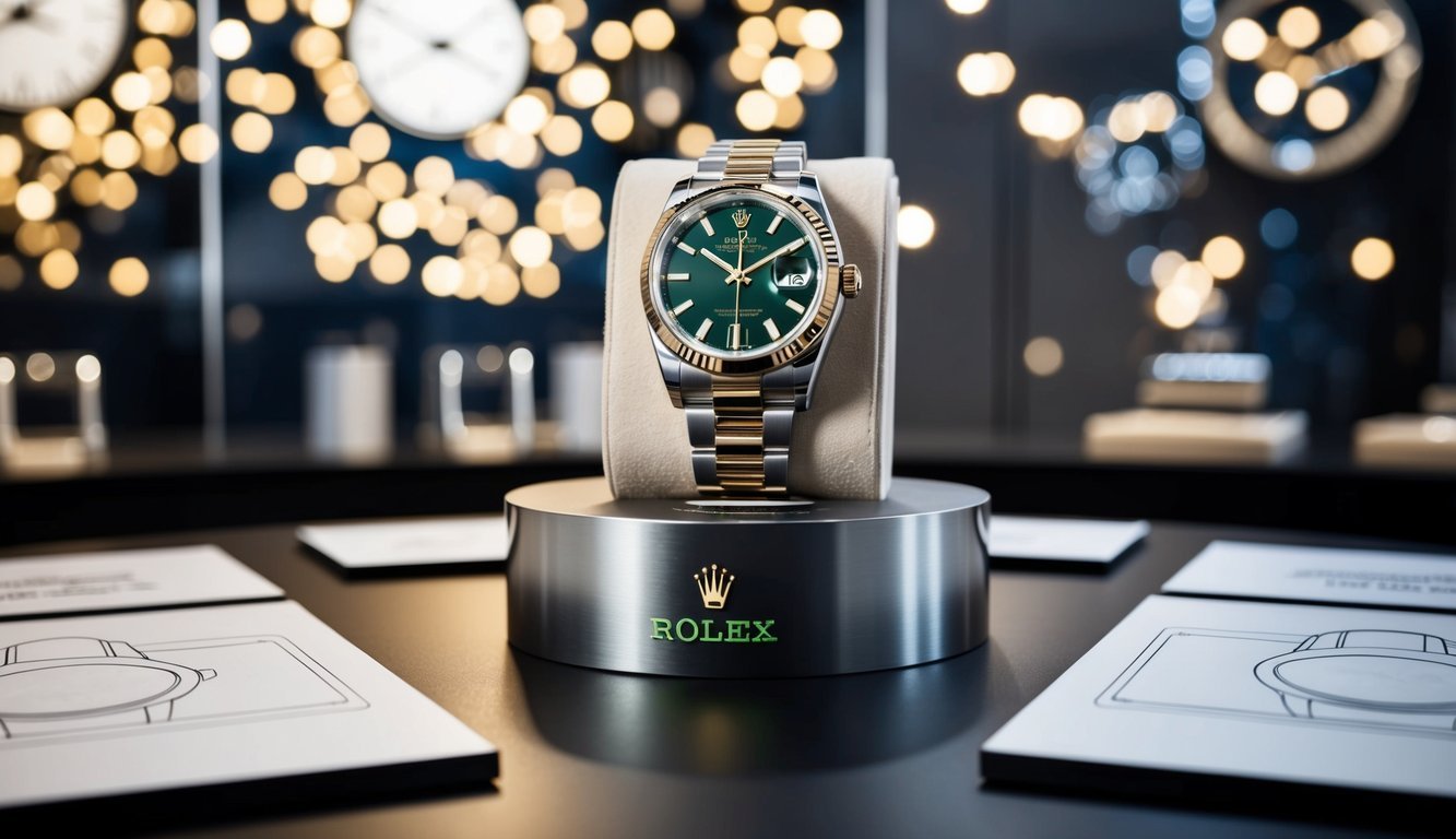 A luxurious Rolex President watch displayed on a sleek, modern pedestal, surrounded by elegant design sketches and high-quality materials