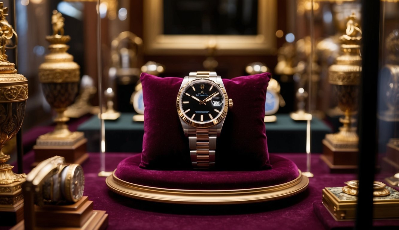 A luxurious Rolex watch displayed on a velvet cushion, surrounded by opulent decor and historical artifacts