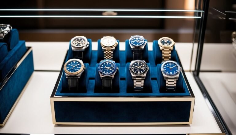 Display case with eight luxury watches, blue dials, and various straps