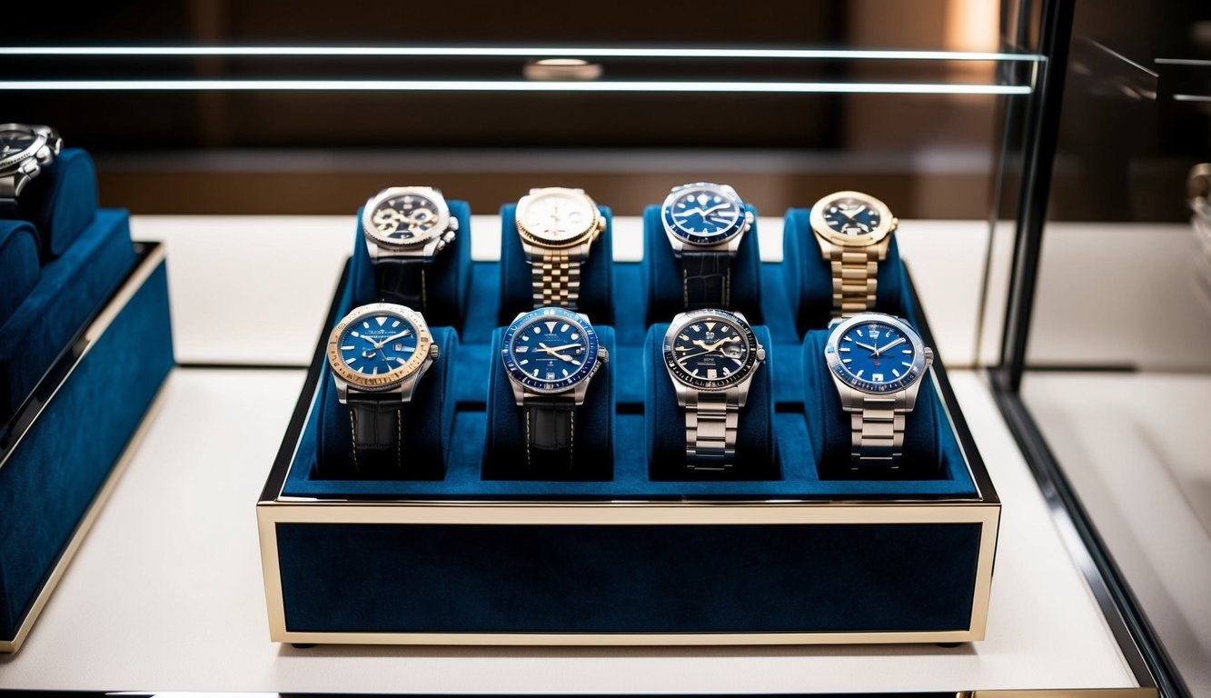 Display case with eight luxury watches, blue dials, and various straps