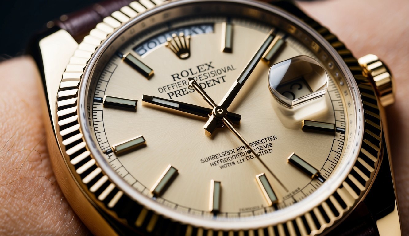 A close-up of a Rolex President watch, highlighting the intricate details of its craftsmanship and the luxurious materials used in its construction