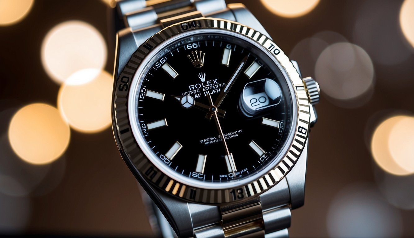 A close-up of a Rolex watch with its signature features, including the crown logo, magnified date window, and distinctive bracelet