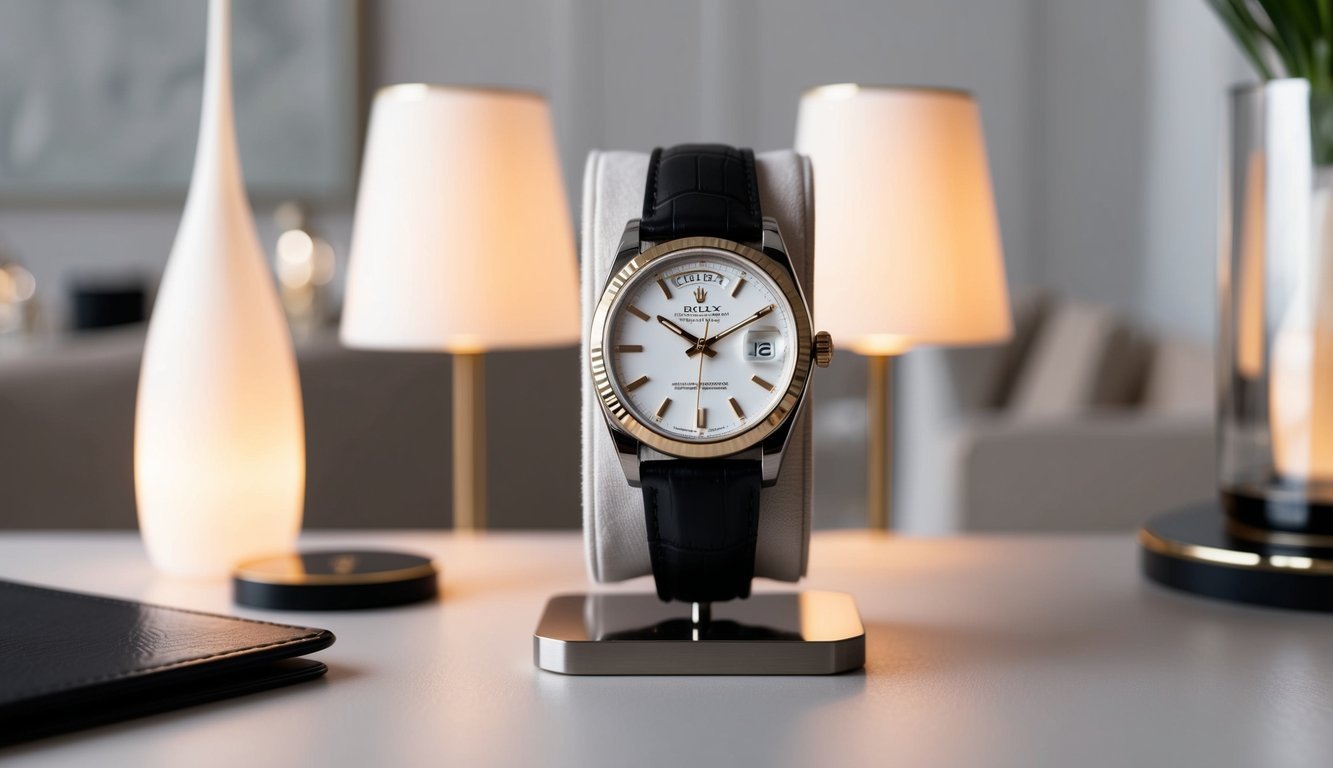 A luxurious Rolex President timepiece displayed on a sleek, modern watch stand, surrounded by elegant, minimalist decor and soft, natural lighting