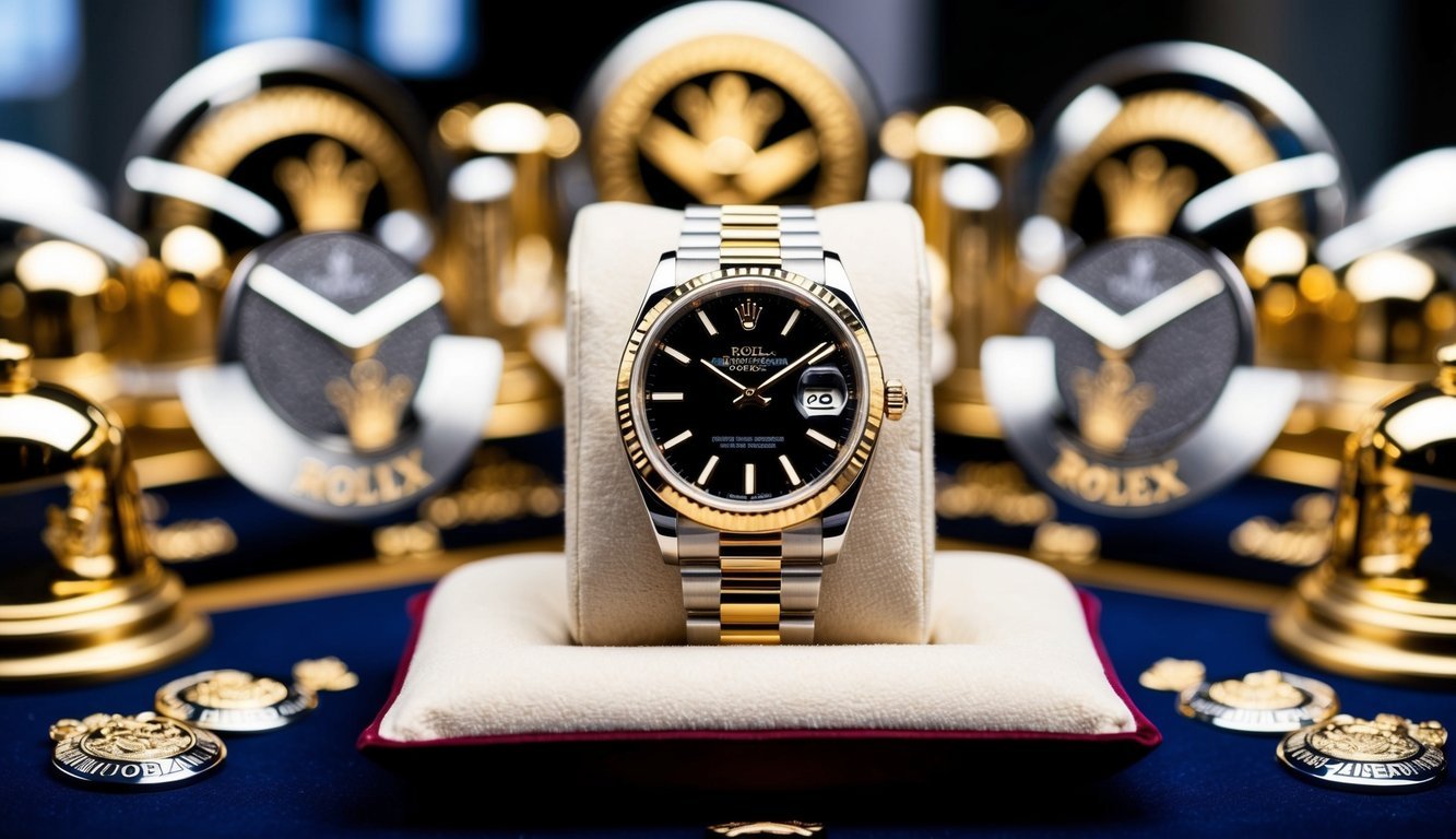 A luxurious Rolex President watch displayed on a velvet cushion, surrounded by gleaming gold and silver emblems of prestige