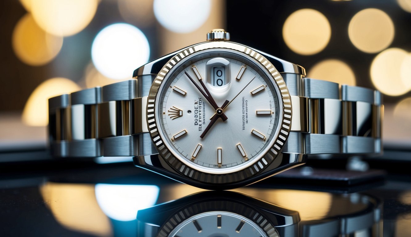 A close-up of a sleek Rolex President watch, with intricate details of the dial and bezel, reflecting light in a luxurious setting