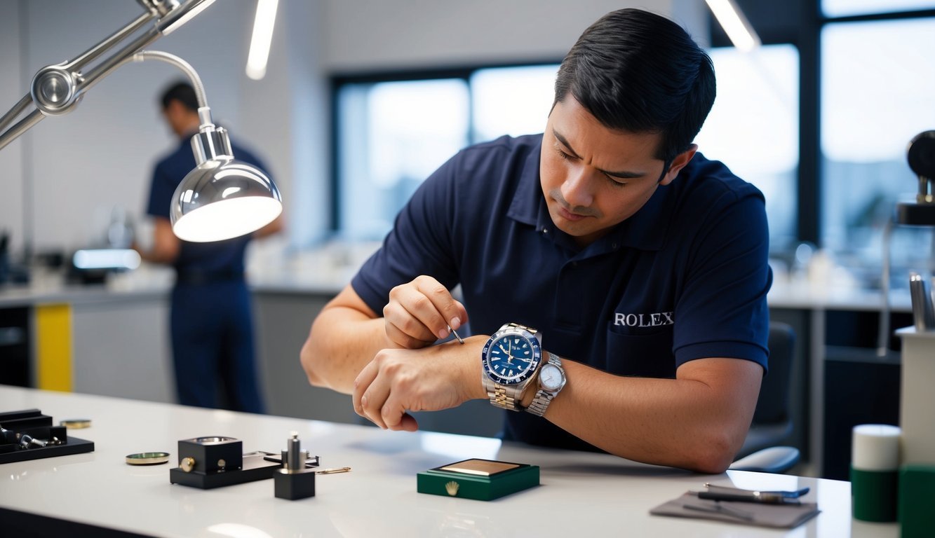 A luxurious Rolex watch being carefully examined and serviced by a professional in a clean and modern watch repair workshop