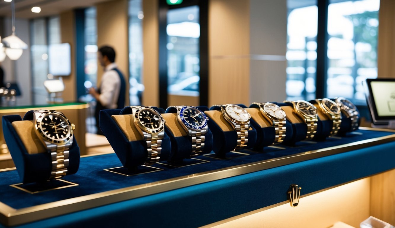 A display of luxury watches, including a Rolex, arranged on a velvet-lined counter in a high-end pre-owned market showroom