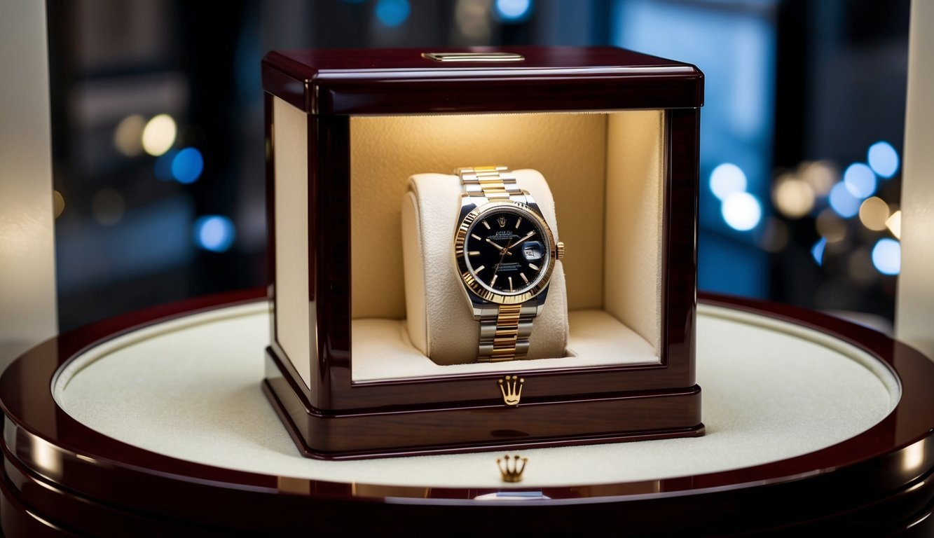 A handcrafted wooden display case showcasing a gleaming Rolex President watch, surrounded by soft velvet lining and subtle lighting