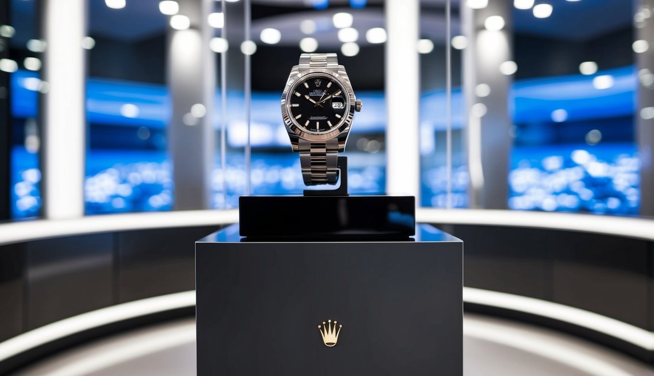 A luxurious Rolex watch displayed on a sleek, modern pedestal in a futuristic showroom