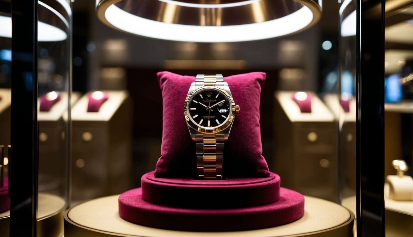 A luxurious Rolex watch displayed on a velvet cushion under a spotlight in a high-end jewelry store