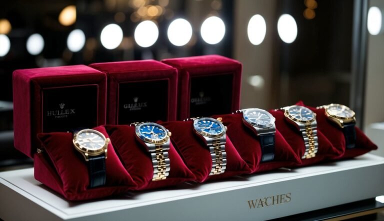 Luxury watches displayed on red velvet pillows with boxes in background