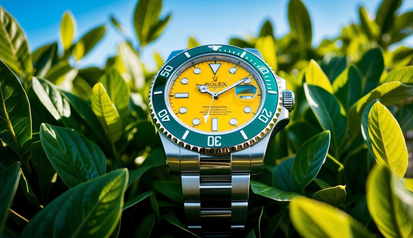 A luxurious Rolex Hulk watch sparkling in the sunlight, surrounded by lush green foliage and a clear blue sky