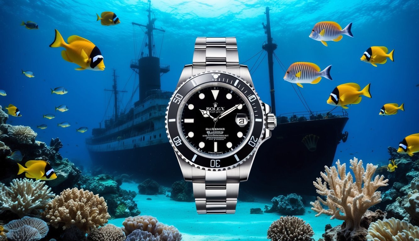 A vibrant underwater world with a sunken ship, coral, and exotic fish, surrounding a gleaming Rolex Submariner Hulk watch