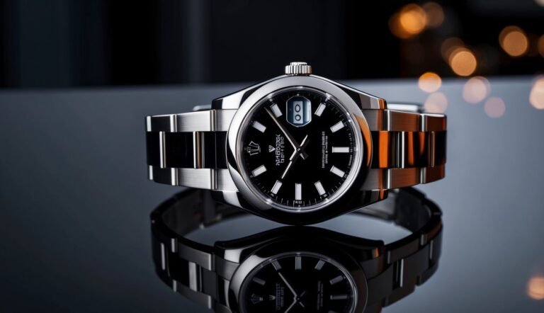 A luxury Rolex watch with a black face and silver band