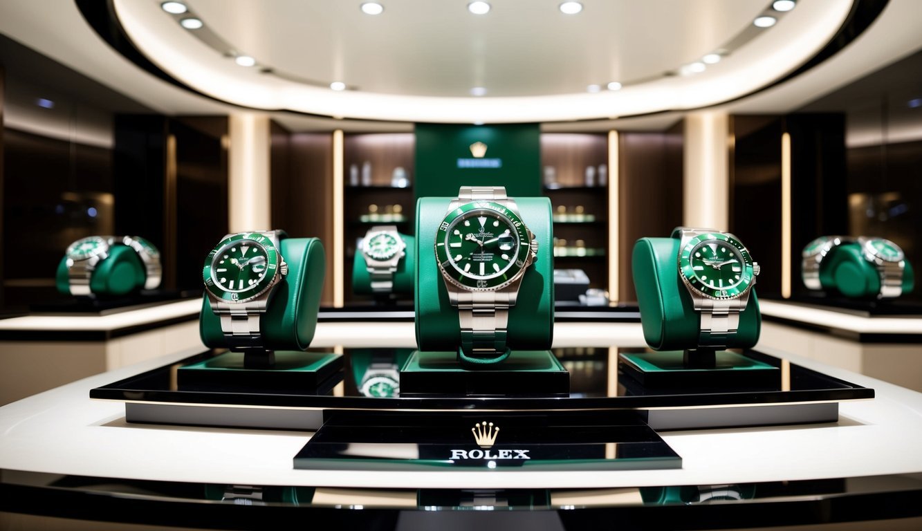 A display of Rolex Hulk watches in a luxury boutique with elegant lighting and a sleek, modern interior design