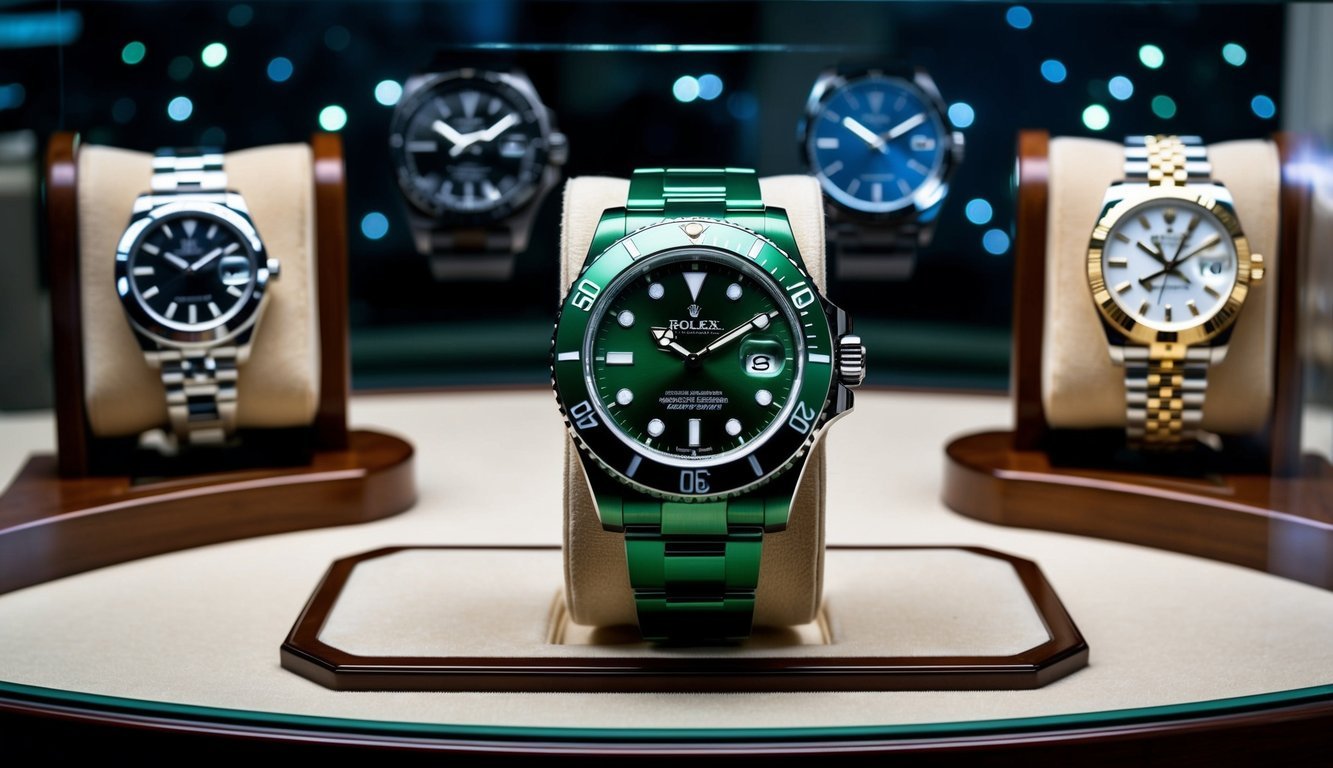 A luxurious Rolex Hulk watch displayed in a glass case with spotlighting, surrounded by other high-end timepieces