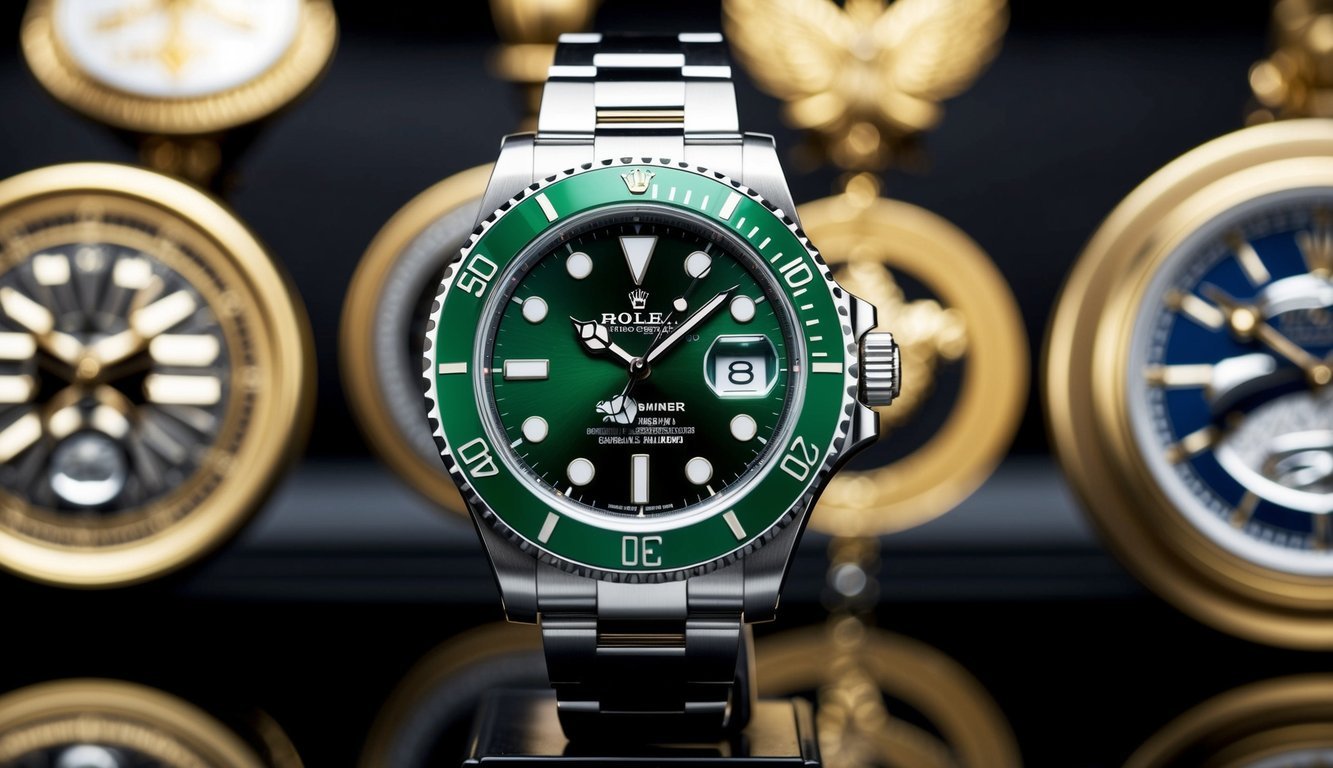 A luxurious green Rolex Submariner "Hulk" watch displayed among prestigious cultural symbols and recognized by enthusiasts