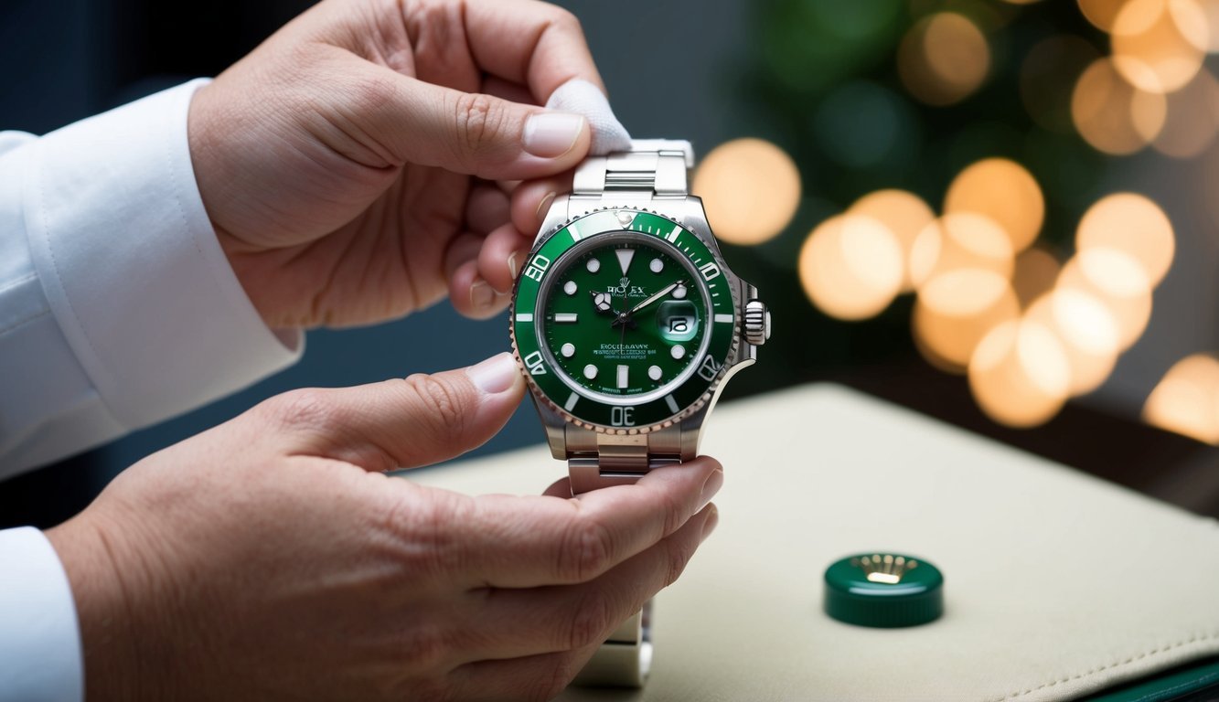 A hand holding a Rolex Hulk watch being gently cleaned and polished with a soft cloth