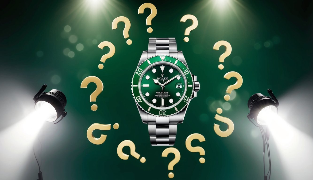 A sleek Rolex Hulk watch surrounded by a circle of question marks, with a spotlight shining down on it