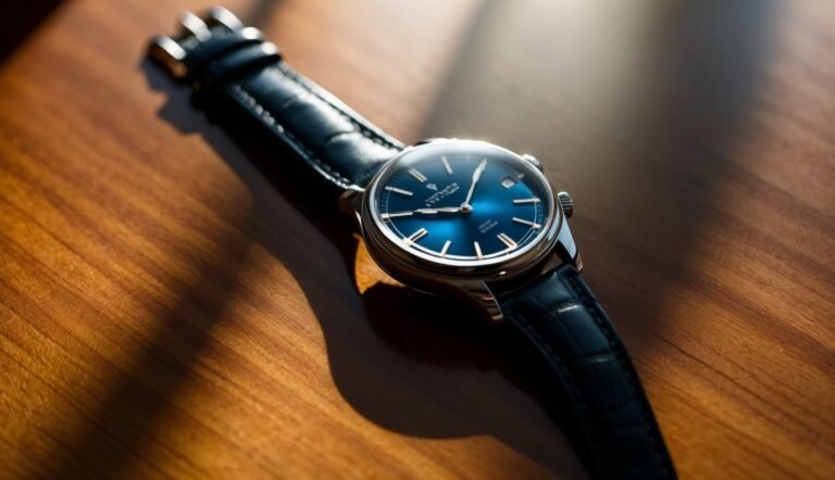 Close-up of a luxury wristwatch with a blue face on a wooden surface