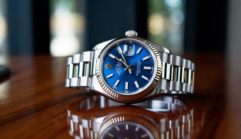 Rolex watch with blue face and silver and gold band, reflected on wood