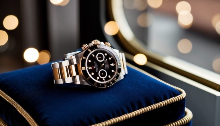 Luxury wristwatch with black face and gold accents on a blue velvet cushion