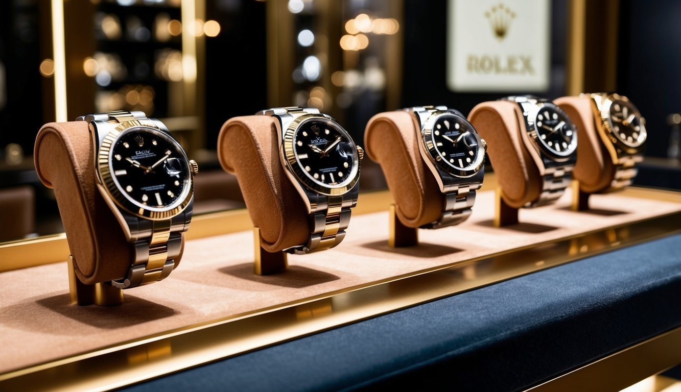 A display of elegant pre-owned Rolex watches arranged on a velvet-lined shelf in a luxurious boutique setting
