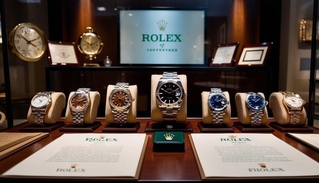 A display of vintage Rolex watches in a luxurious setting, surrounded by historical artifacts and documents showcasing the brand's legacy and investment value