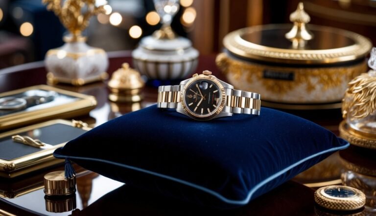 Luxury gold and silver watch on a blue velvet pillow, ornate background