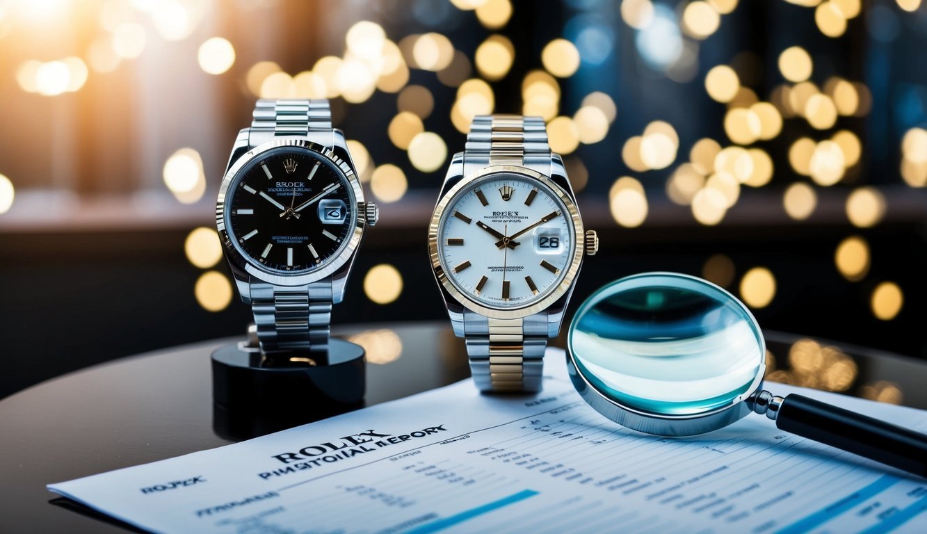 A table with a collection of pre-owned Rolex watches, a magnifying glass, and a financial report