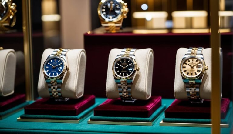 Three Rolex watches with different colored faces on display