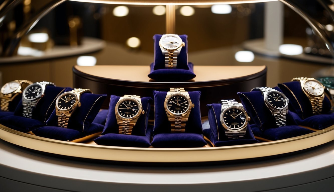 A luxurious display of pre-owned Rolex watches, arranged on velvet cushions under soft lighting, showcasing their timeless elegance and investment potential