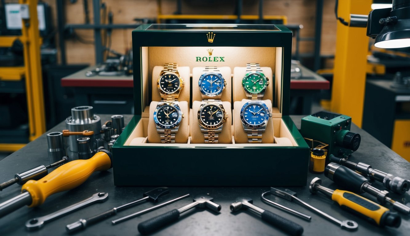 A display of pre-owned Rolex watches, surrounded by tools and innovative machinery in a workshop setting
