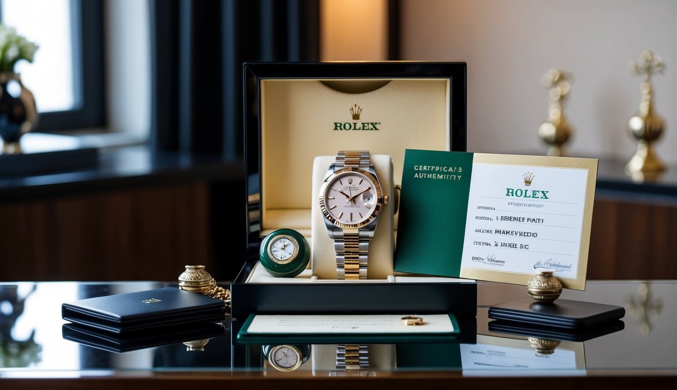 A luxurious pre-owned Rolex watch displayed in a sleek glass case, surrounded by elegant accessories and a certificate of authenticity