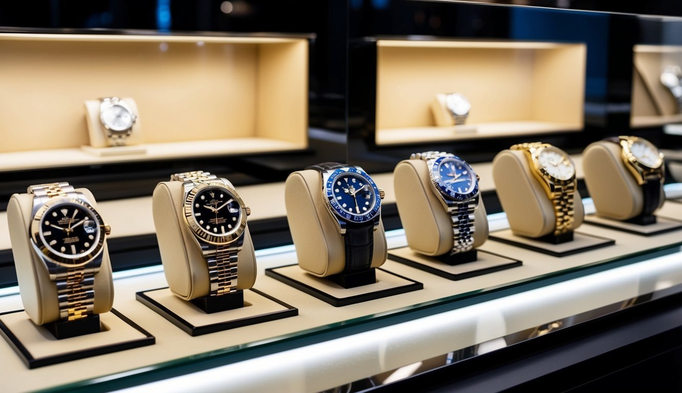 A display case showcasing a variety of pre-owned Rolex watches, alongside limited edition collectibles and investment pieces