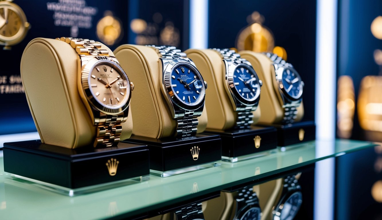 A display of pre-owned Rolex watches with investment-related imagery and symbols