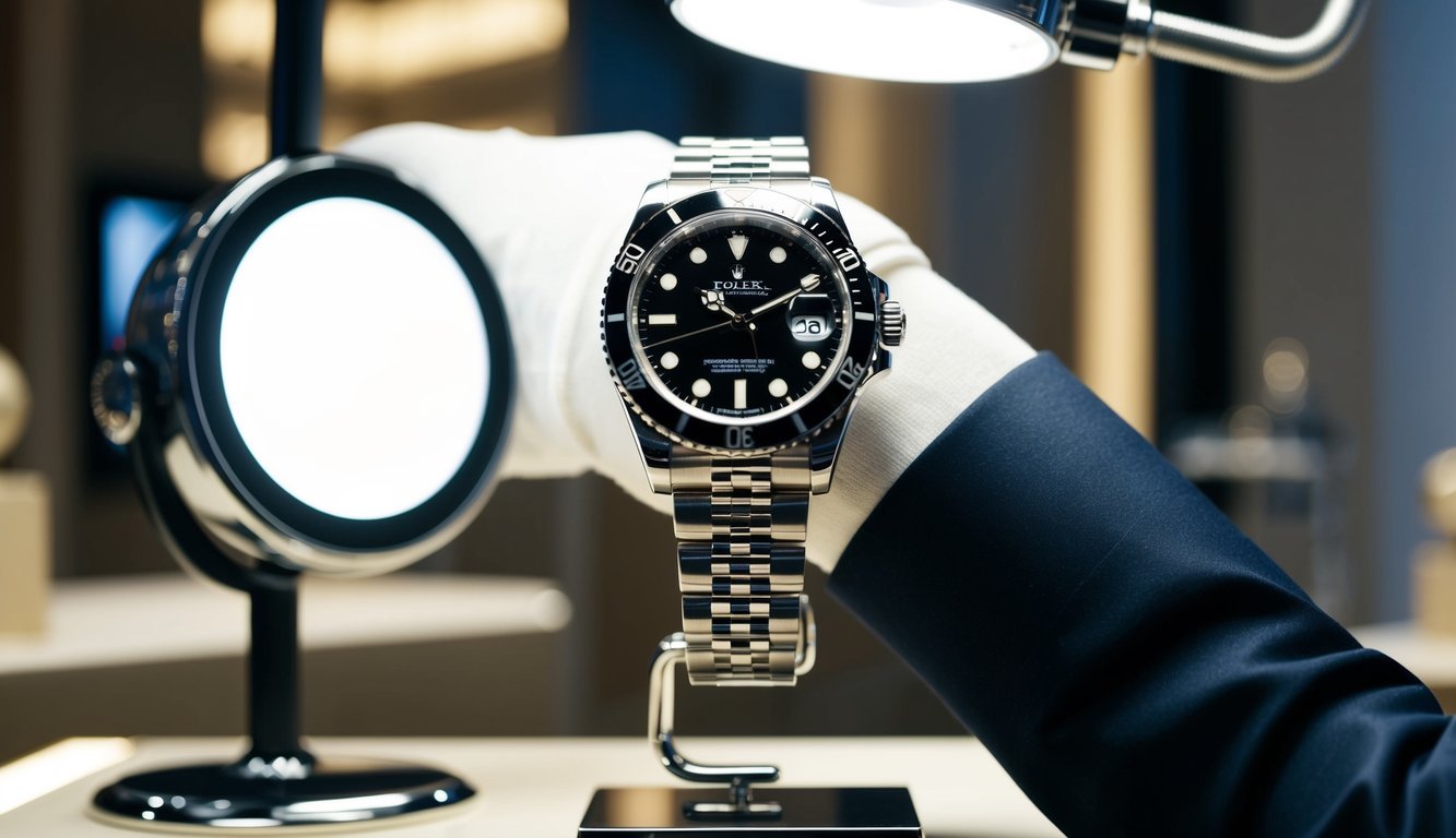 Rolex Submariner watch on display, illuminated by a bright light