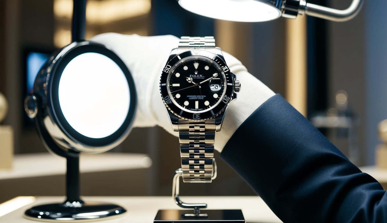 A luxurious Rolex watch being carefully examined under a bright spotlight in a sleek, modern jewelry store