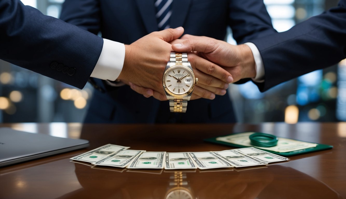 A luxurious Rolex watch being handed over in exchange for a large sum of money, symbolizing its historical significance as a valuable investment