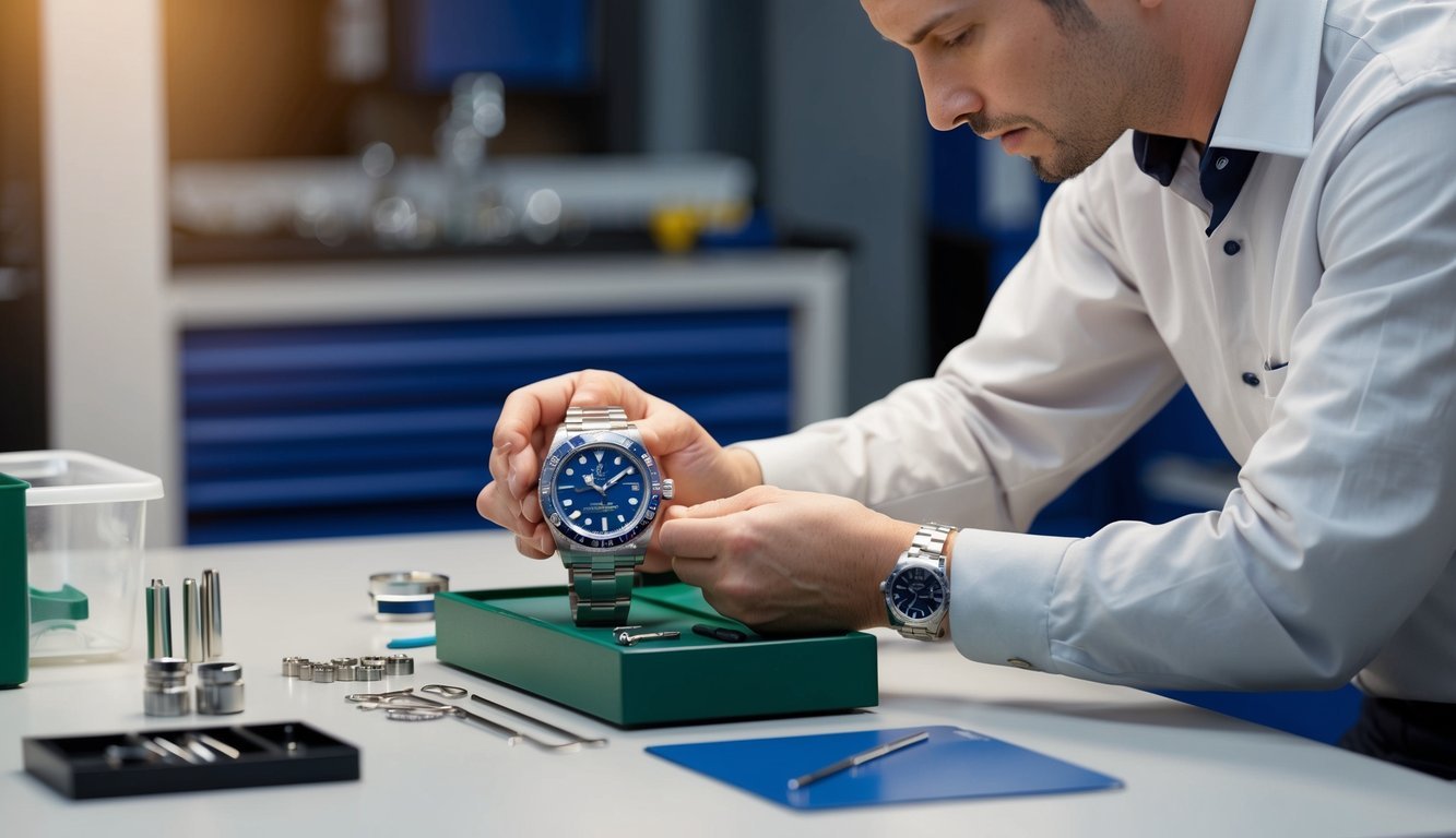 A Rolex watch being carefully serviced by a skilled technician at a clean and organized workbench, with small tools and parts laid out