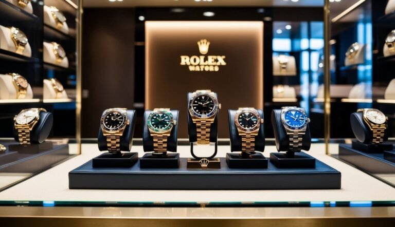 Rolex watches displayed in a luxury store, with gold and various colored faces