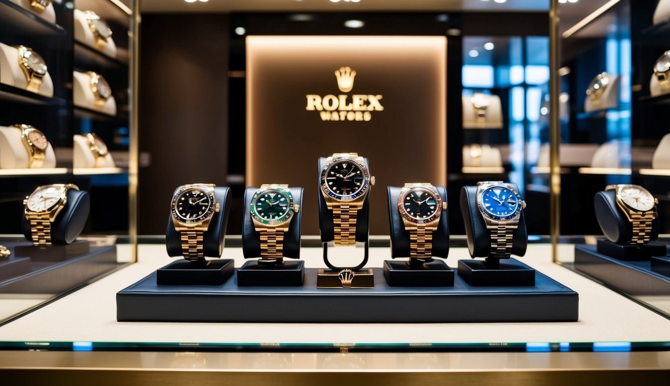 Rolex watches displayed in a luxury store, with gold and various colored faces