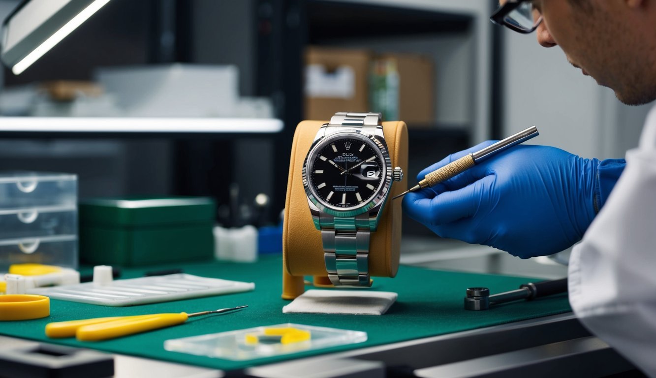 A Rolex watch being carefully examined and serviced by a professional watchmaker at a clean and organized workbench