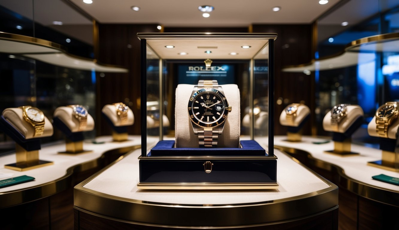 A luxurious display case showcasing limited edition Rolex watches, surrounded by rare vintage timepieces in a dimly lit, upscale boutique