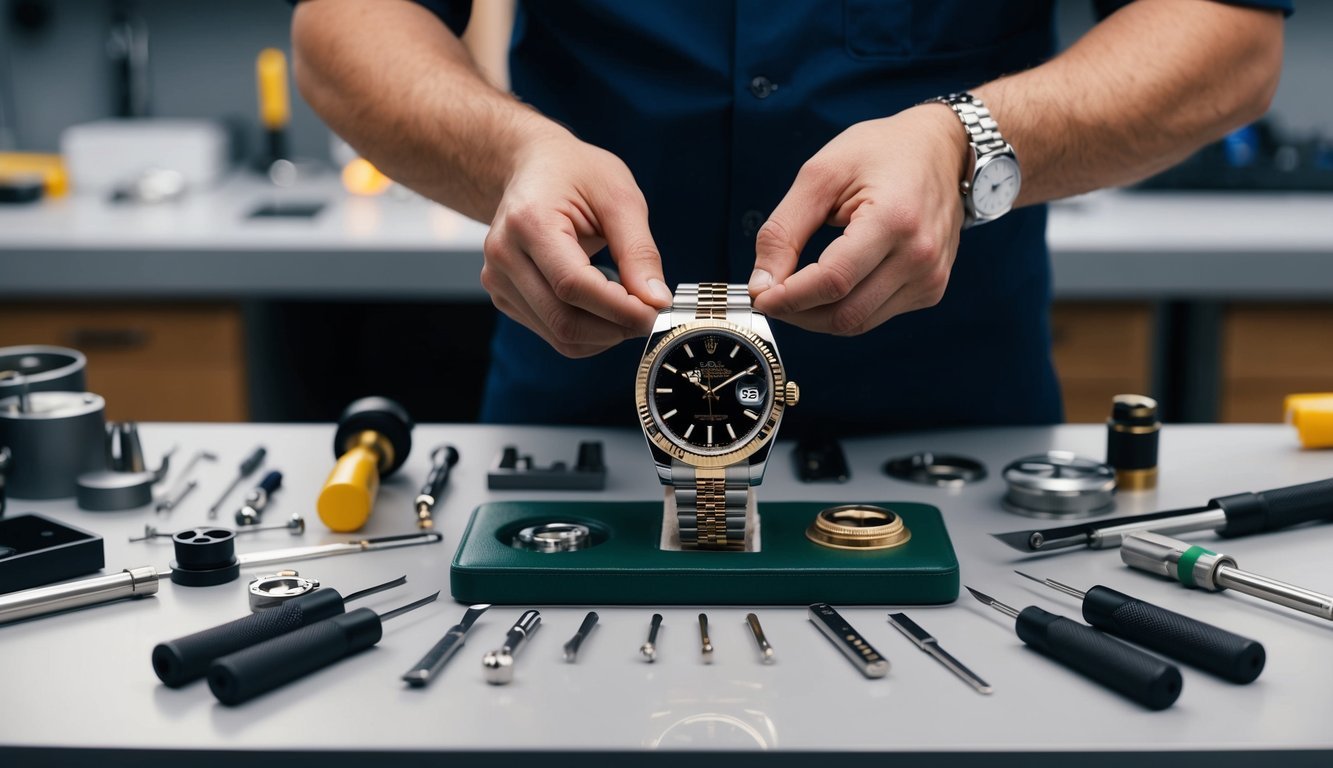 A watchmaker carefully disassembling a Rolex, surrounded by various tools and parts on a clean, well-lit workbench