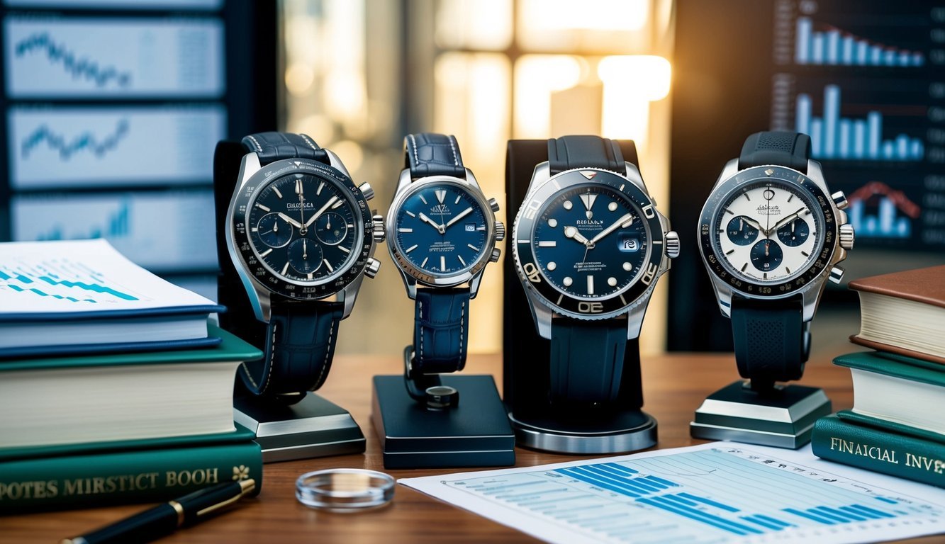 A display of elegant dress watches beside rugged sports models, surrounded by financial charts and investment books