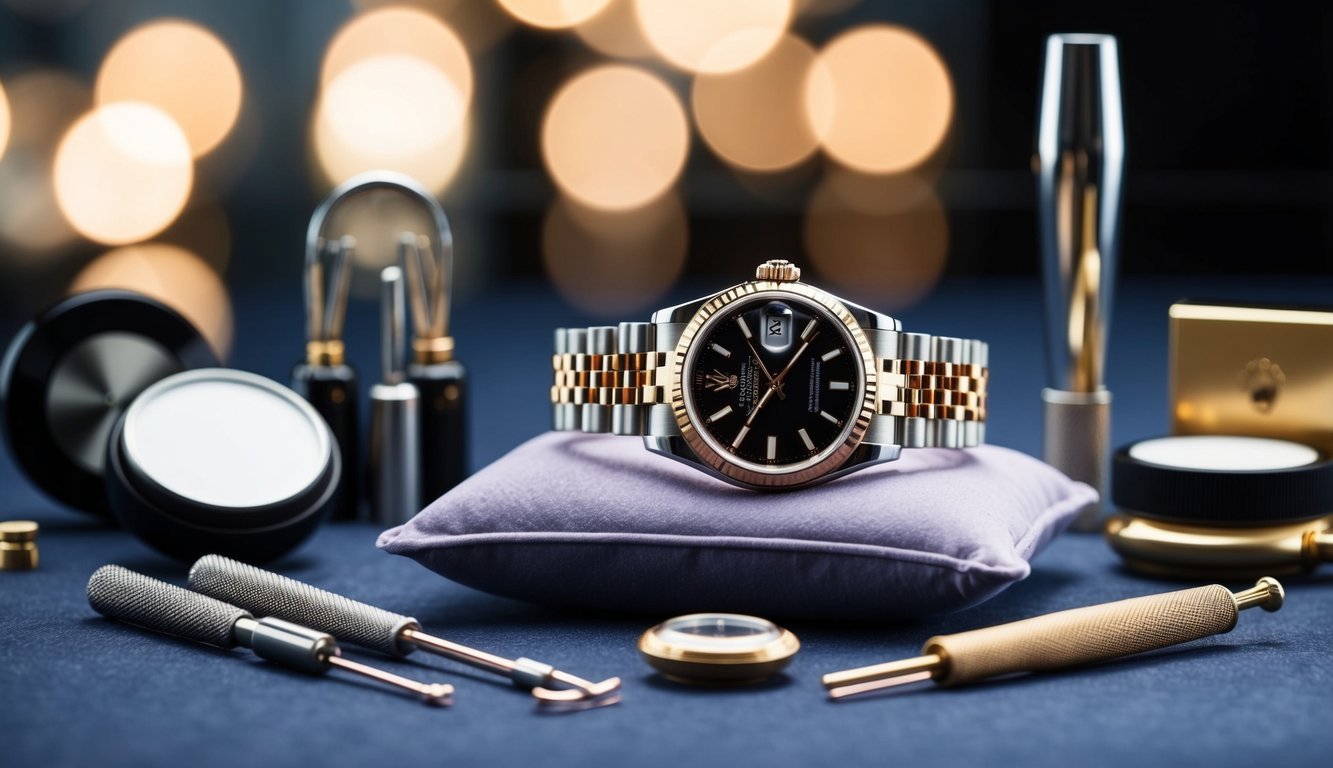 A luxurious Rolex watch is delicately placed on a soft velvet cushion, surrounded by a collection of watch care and maintenance tools