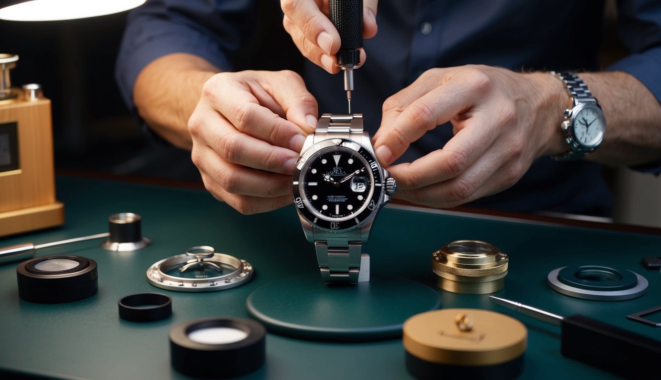 A watchmaker delicately disassembles a Rolex, meticulously cleaning and polishing each component before reassembling the timepiece with precision and care