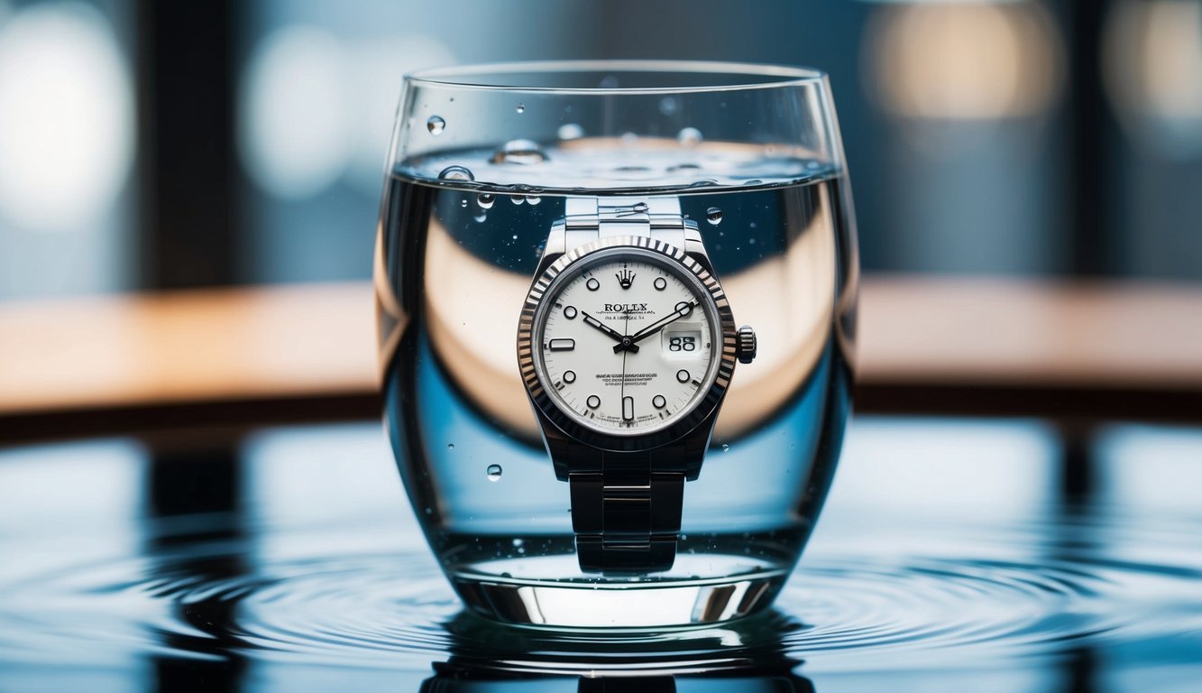 A Rolex watch submerged in a glass of water with water droplets on the surface